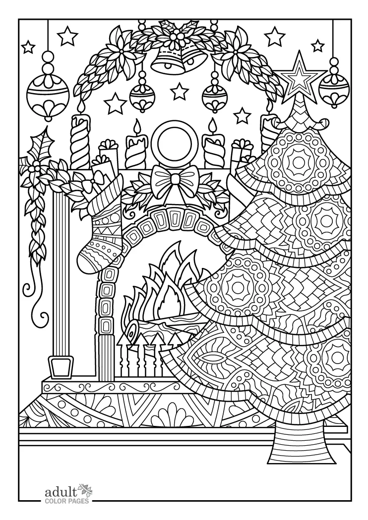 Free Printable Christmas Fireplace Coloring Page for Adults